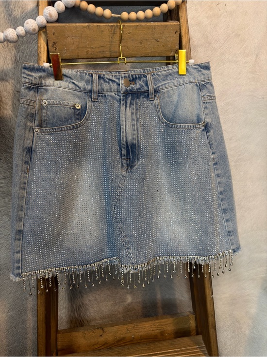 GeeGee Dresses & Skirts - Geegee Light Blue Embellished Denim Mini Skirt with Beaded Fringe